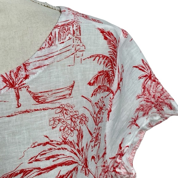Joie Linen Blouse Coral Red Tropical Print Boatneck Short Sleeve Top Size 1X - Picture 5 of 12